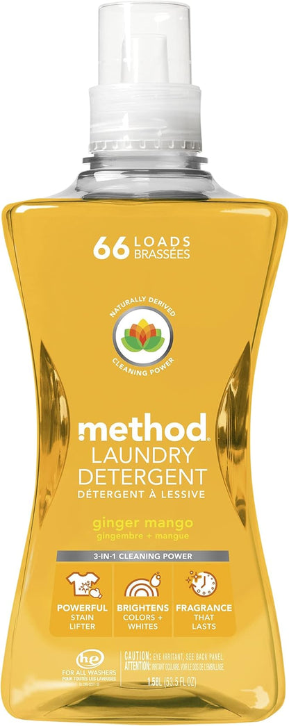 Method Liquid Laundry Detergent, Ginger Mango, 66 Loads Per Bottle, Hypoallergenic + Stain Remover, 53.5 Fl Oz (Pack of 1)
