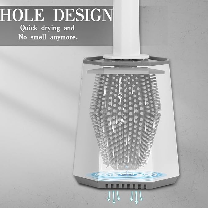 Silicone Toilet Brush and Holder Bendable Efficient Cleaning Wall Mounted Toilet Bowl Brush with Long Handle Brush Head and Silicone Bristles No Rusty Handles Problem