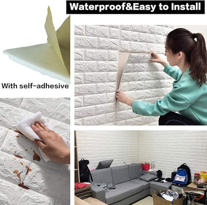 3D Wall Panels Peel and Stick, 14.5 Sq Ft Coverage,Printable Faux Brick Wallpaper Sticker with Self-Adhesive Waterproof Foam for Interior Wall Decor, Bathroom, Home Decoration (10 Pcs) (White)