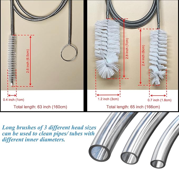 65" Flexible Drain Brush, Tube Pipe Cleaning Brush, Long Slim Cleaner Brush for Shower Sink Drain/Refrigerator Drain Hole/Dishwasher Air Gap/Fish Tank/Home Kitchen