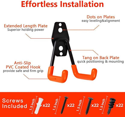 Garage Hooks, 12 Pack Wall Storage Hanger with 2 Extension Cord Straps, Heavy Duty Tool Holder for Utilities Organization, Wall Mount Rack for Garden Lawn Tools, Ladders, Bike, Ski (Orange)