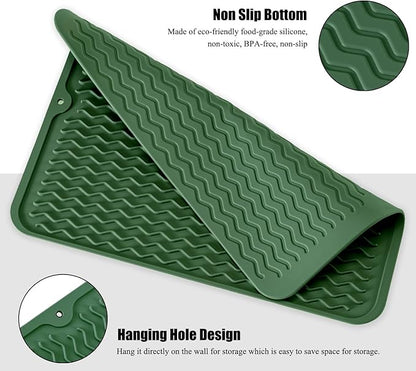 Silicone Dish Drying Mat for Multiple Usage, Easy clean, Eco-friendly, Heat-resistant Dish Drainer Mat for Kitchen Counter,Sink,Refrigerator or Drawer liner (12" x 12", Dark Green)