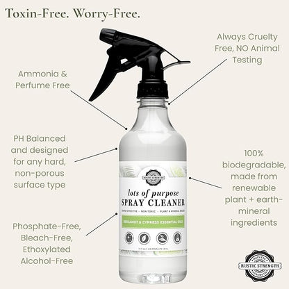 Rustic Strength Lots of Purpose Spray Cleaner, Bergamot & Cypress, Multi-Surface, pH Balanced, Non-Toxic, Biodegradable, 16 oz