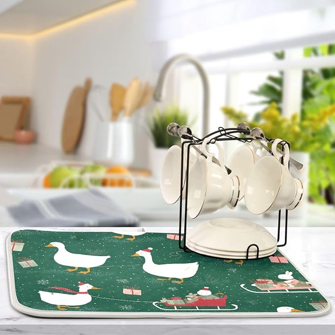 Christmas Geese Pattern Dish Drying Mat for Kitchen Counter Super Absorbent Drying Mat 18x24 inch Large Dish Drying Matts for Countertop Protector Dishes Pad