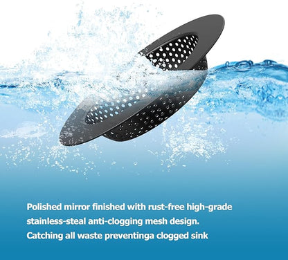 Huntonry Black Kitchen Sink Drain Strainer, Sink Drain Cover, Food Catcher, Large Wide Rim 4.5" Diameter, Stainless Steel, Pack of 2