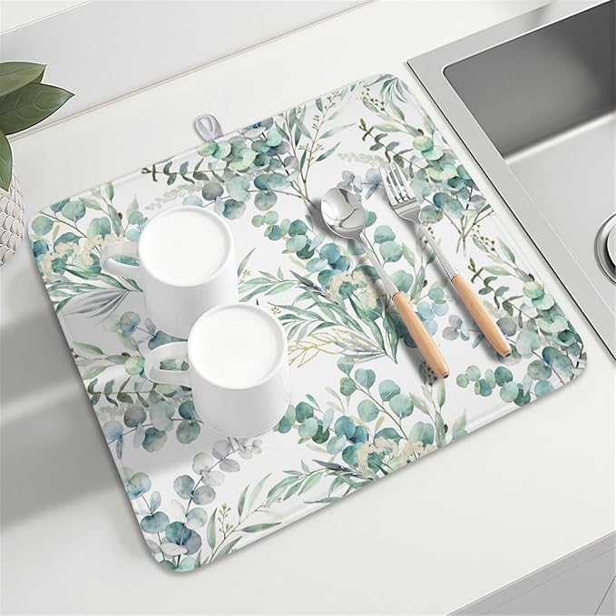 Spring Sage Green Leaves Dish Drying Mat for Kitchen Counter Watercolor Eucalyptus Leaf Drying Mat 16x18 Inch Rustic Farmhouse Absorbent Dish Drainer Mat Kitchen Accessories