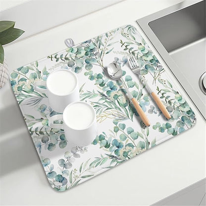 Spring Sage Green Leaves Dish Drying Mat for Kitchen Counter Watercolor Eucalyptus Leaf Drying Mat 16x18 Inch Rustic Farmhouse Absorbent Dish Drainer Mat Kitchen Accessories