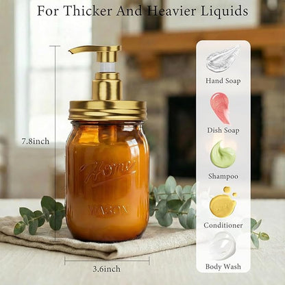 Amolliar Plastic Mason Jar Soap Dispenser with Pump Lid,16OZ Refillable Hand Soap Dispenser Set with Cute Lables - Farmhouse Decor for Kitchen Bathroom, Liquid Soap, Dish Soap, Lotion (2 Pack, Amber)