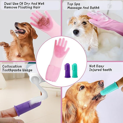 Silicone Pet Bathing Gloves with Finger Toothbrush – 2-in-1 Grooming & Deshedding Gloves for Cats, Dogs, Rabbits – Extended Design for Easy Cleaning & Massage(Pink)