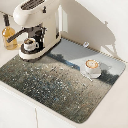 Oil Painting Drying Mat 18x16 Inch, Wildflowers Drying Mat with Absorbent Reversible Microfiber, Countryside Aesthetic Dish Drainer Mats Summer Rack Pad for Coffee Countertop Kitchen Protector