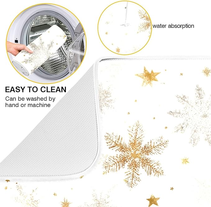 Winter Snowflake White Dish Drying Mat for Kitchen Countertop 16x18 Christmas Snow Golden Xmas Small Drying Mat Reusable Quick Dry Dish Sink Mats Easy Clean Decorative Essentials