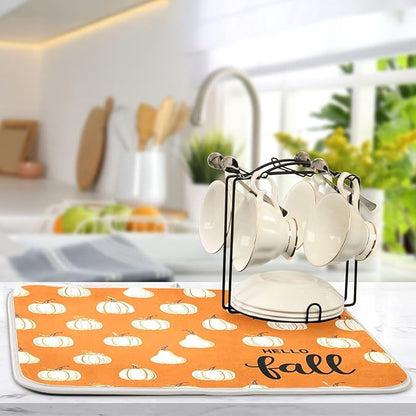 Hello Fall Burnt Orange Dish Drying Mat for Kitchen Countertop 18x24 Autumn Pumpkin Large Drying Mat Reusable Quick Dry Dish Sink Mats Easy Clean Decorative Essentials