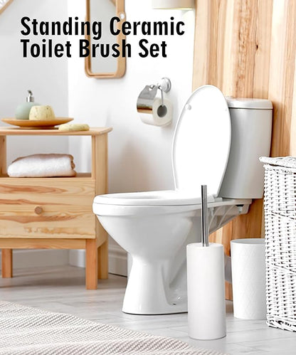 Matt White Ceramic Toilet Brush and Holder Set, Freestanding Toilet Bowl Cleaners Brush, Scrubber Brush for Toilet, Bathroom Accessories with Stainless Handle, Deep Cleaning