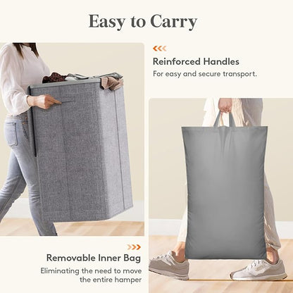 Lifewit 185L Large 3 Section Laundry Hamper with Lid, Plastic Laundry Basket with Bamboo Handles and Removable Bags, Tall Foldable Clothes Hamper for Bathroom Bedroom, Light Gray