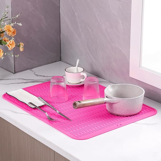 MicoYang Silicone Dish Drying Mat for Multiple Usage,Easy clean,Eco-friendly,Heat-resistant Silicone Mat for Kitchen Counter or Sink,Refrigerator or Drawer Liner Rose 2XL 24 inches x 18 inches