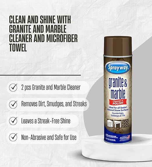 2x Sprayway Granite and Marble Cleaner 19 oz Spray Bundle with Microfiber Cloth – Cleans and Polishes Natural Stone Surfaces – Granite Countertop Cleaner – Gift Set (3 Items)