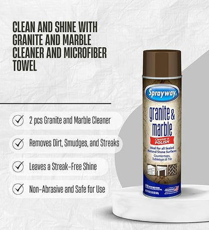 2x Sprayway Granite and Marble Cleaner 19 oz Spray Bundle with Microfiber Cloth – Cleans and Polishes Natural Stone Surfaces – Granite Countertop Cleaner – Gift Set (3 Items)