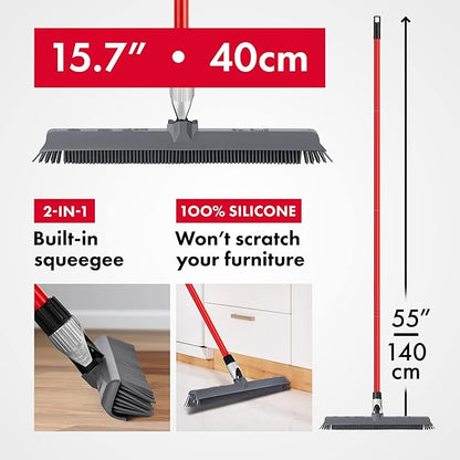 2-in-1 Silicone Rubber Broom Carpet Rake and Squeegee - Swivel Pet Hair Removal Broom with 1 Piece Long Handle - Slanted Side Bristles for Corners - Multipurpose Broom for Carpet, Hardwood Floor, Tile