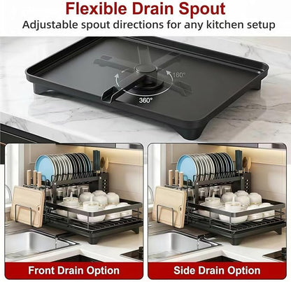 2 Tier Stainless Steel Dish Drying Rack with Auto-Draining Drainboard, Utensil Holder, Detachable & Space Saving Kitchen Counter Organizer, (Black),Chaos Coordinator Gifts