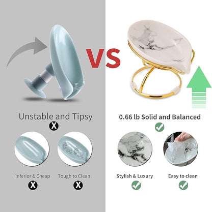 Dobbyby Leaf-Shaped Soap Dish – Ceramic Soap Bar Holder with Self-Drainage System – Bar Soap Holder for Shower, Bathroom Sink, Kitchen – Soap Dish with Stainless Steel Stand (White-Gold-2 Pack)