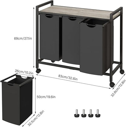 Laundry Hamper, Laundry Basket, Laundry Sorter with 2 Pull-Out and Removable Bags, Shelf, Laundry Room Storage with Table, for Bathroom, Bedroom, 3 x 10.5 Gal (40L), Greige