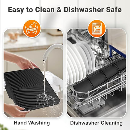 Silicone Dish Drying Mat for Kitchen Counter, Dish Drying Pad, Non-Slip Drain Pad with Built-in Drain, Heat Resistant Stone Drying Mat,Ivory, 2pcs-XL