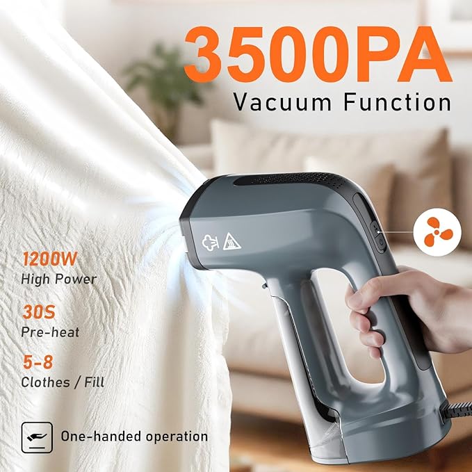 GHORA Vacuum Steamer for Clothes, 3500Pa Strong Suction Handheld Garment Steamer, Portable Travel Steamer & Iron Dual-Mode (110-120V)