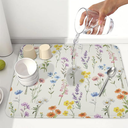 Spring Floral Dish Drying Mat for Kitchen Counter 16 x 18 Inch Colorful Flowers Dish Drainer Mat Absorbent Microfiber Dish Rack Pad for Summer Holiday Coffee Dining Bar Decor