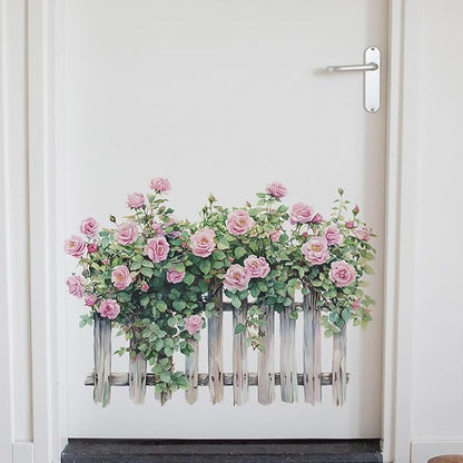 Romantic Rose Decals Floral Wall Decor, Rose Vine Fence Flowers Stickers Wall Art Murals, Flower Pattern Self-Adhesive Stickers for Girls Bedroom Living Room Nursery Decor