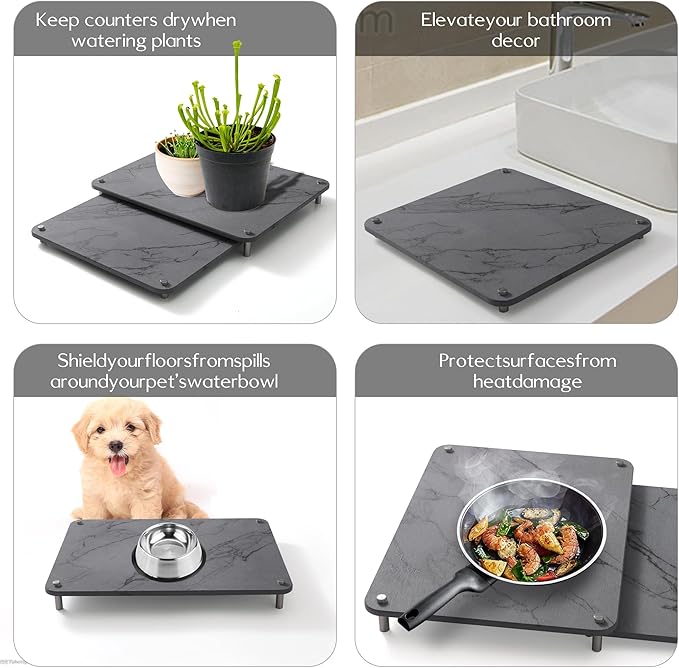 2-Pack Marble Dish Drying Mats for Kitchen Counter, Diatomaceous Earth (Diatomite) Quick-Dry Sink Countertop Pads for Dishes & Utensils, Non-Slip, Easy to Clean,Grey