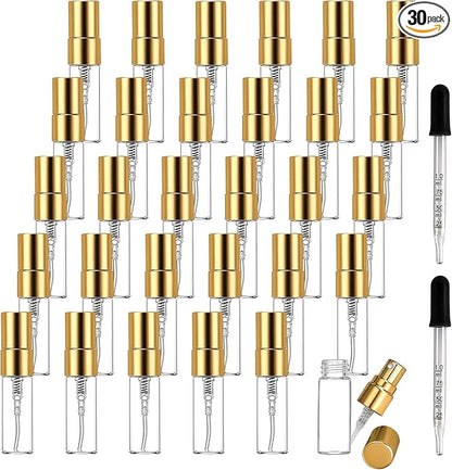 Esoes 30 Pcs Mini Perfume Spray Bottles 3ml, Clear Spray Bottle Refillable Fine Mist Atomizer, Glass Perfume Bottles Portable Empty Sample Containers for Cleaning, Essential Oils, Travel – Gold Cap