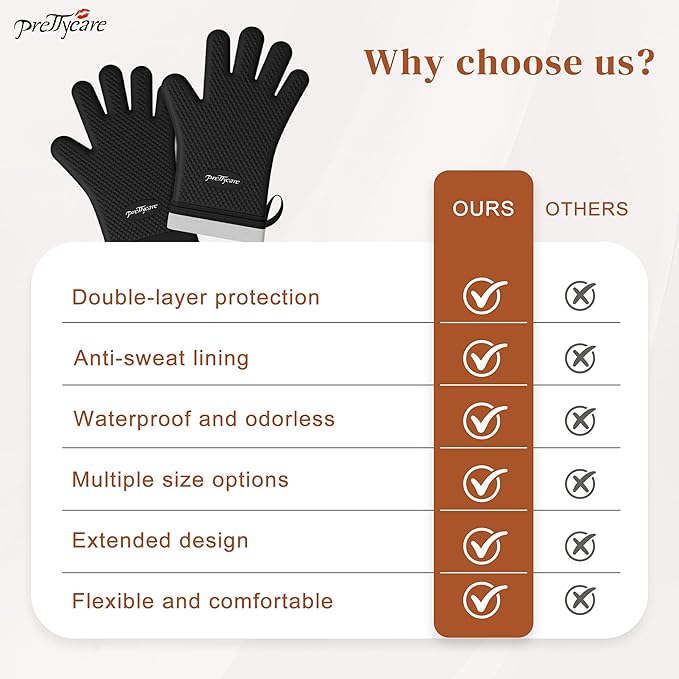 PrettyCare Extra Long 14in Silicone Oven Mitts, 2 Pcs Heat Resistant Waterproof Oven Gloves with Fingers, Non-Slip Cotton Lined Mitt for Baking, Grilling, Air Fryer & Kitchen Essentials, Gift for Men