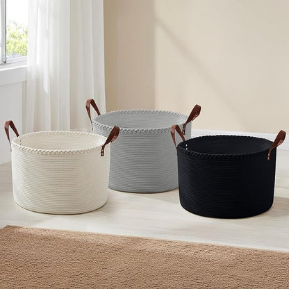 XLarge Round Cotton Rope Storage Basket Bin Organizer Laundry Hamper with Leather Handles, 21 x 21 x 14, Extra Large Blanket Woven Basket for Nursery - Black