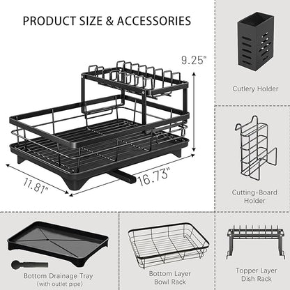 BCWW Drying Rack Dishes Stainless Steel Large Capacity 2-Tier Drying Rack Kitchen Counter Organizer with Cup Holder, Utensil & Cutting Board Storage, Space Saving (Black)