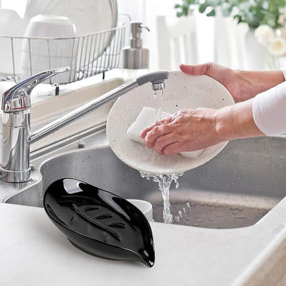 Soap Dish, Self Draining Soap Holder, Leaf Shape Ceramic Bar Soap Holder Drain Soap Dishes for Bathroom Sink Kitchen, Easy to Clean, Keeps Soap Dry, Black, ANTIS'S HOME