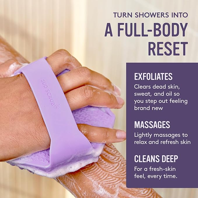 Sud Scrub® Antimicrobial Silicone Body Scrubber, Exfoliating Body Brush for Sensitive Skin, Antibacterial Shower Scrubber for Body, Bathroom Essentials for Men & Women, Purple