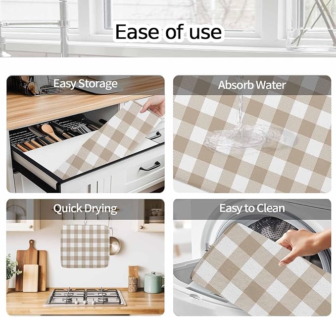 Dish Drying Mat Khaki Buffalo Check Plaid Drying Mats for Kitchen Counter Farmhouse Style Absorbent Microfiber Dish Drainer Quick Drying Coffee Mat with Hanging Loop, 18 x24 inch