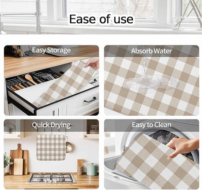 Dish Drying Mat Khaki Buffalo Check Plaid Drying Mats for Kitchen Counter Farmhouse Style Absorbent Microfiber Dish Drainer Quick Drying Coffee Mat with Hanging Loop, 18 x24 inch