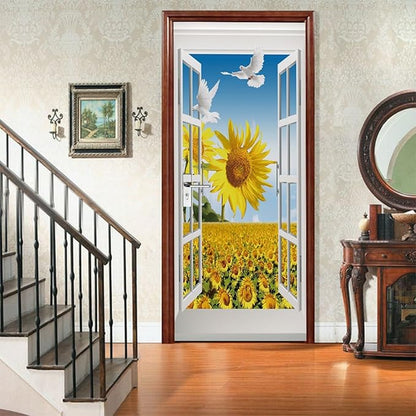 A.Monamour 3D Door Stickers for Interior Doors Sunflower Field and Pigeon View from The Open Window Vinyl Waterproof Self Adhesive Door Mural Decals for Bedroom Office Bathroom 95x215cm