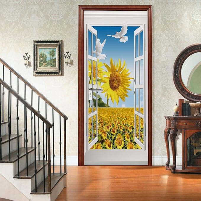 A.Monamour 3D Door Stickers for Interior Doors Sunflower Field and Pigeon View from The Open Window Vinyl Waterproof Self Adhesive Door Mural Decals for Bedroom Office Bathroom 77x200cm