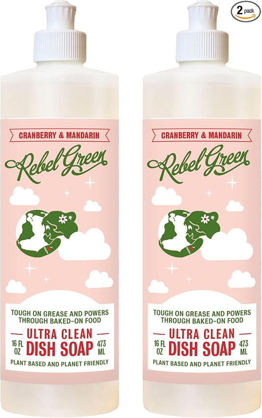 Rebel Green Super Deluxe Dish Soap - Plant-Derived Sustainable Dishwashing Soap - Cranberry & Mandarin Scent - 16 fl oz - 2 Pack