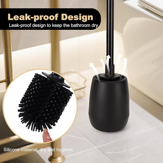 Silicone Toilet Bowl Brush and Holder 2 Pack Long Handle Toilet Brush for Bathroom Flexible Silicone Toilet Brush Set for Domestic Deep Cleaning Under Rims （Black）