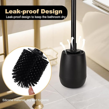 Silicone Toilet Bowl Brush and Holder 2 Pack Long Handle Toilet Brush for Bathroom Flexible Silicone Toilet Brush Set for Domestic Deep Cleaning Under Rims （Black）