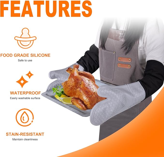 Extra Long Silicone Oven Mitts, Heat Resistant Oven Gloves with Quilted Liner Non-Slip Textured Grip Perfect for BBQ, Baking, Cooking and Grilling - 1 Pair 20 Inch Grey