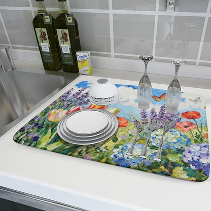 Spring Floral Dish Drying Mat for Kitchen Counter 18x24 Green Purple Blue Flower Butterfly Summer Absorbent Reversible Microfiber Seasonal Drying Mats Kitchen Countertop Protector Dishes Drainer Pad