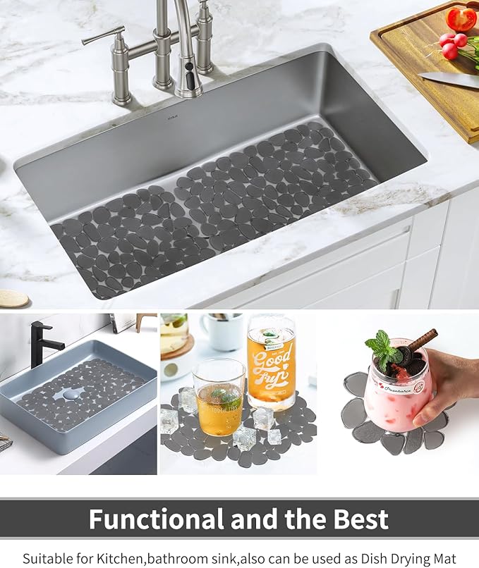 Bligli Pebble Sink Mat for Stainless Steel/Ceramic Sinks, 2 Pack PVC Sink Protectors Mats for Bottom of Kitchen Sink, Dish Drying Mat for Dishes and Glassware, 15.7 x 11.8 inch, Grey
