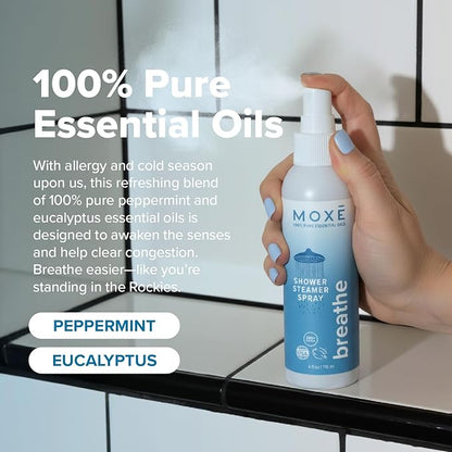 MOXE Breathe Shower Mist, Eucalyptus and Peppermint, Spa Steam Spray, Certified Natural 100% Essential Oils, Made in USA, Aromatherapy, Sinus Congestion Relief, Tension Relief, 4 Ounces (1 Pack)