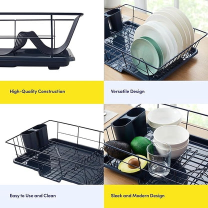 Sweet Home Collection Space-Saving 3-Piece Dish Drainer Rack Set: Efficient Kitchen Organizer for Quick Drying and Storage - Includes Cutlery Holder and Drainboard - Maximize Countertop Space, Navy
