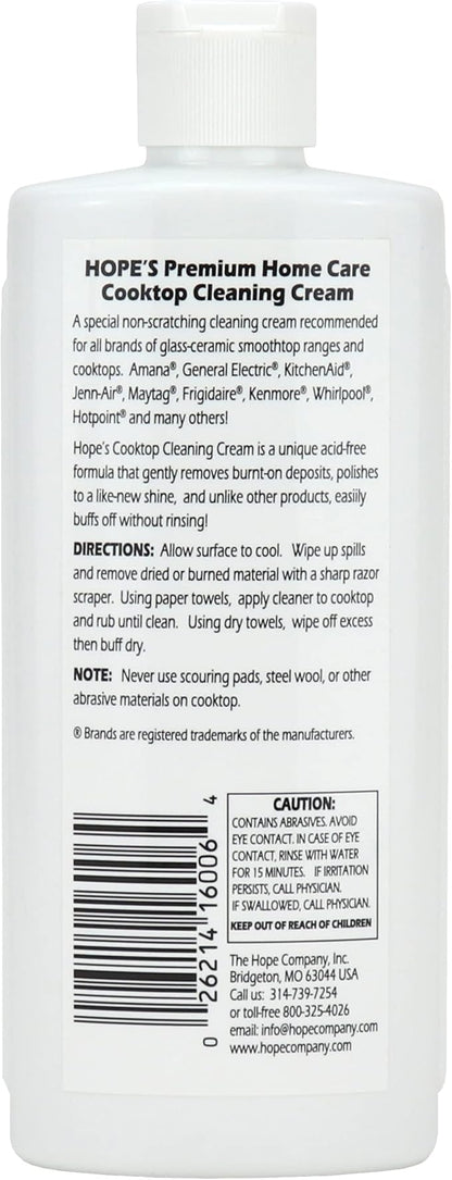 HOPE'S Cooktop Cleaning Cream, Fast Acting, No-Rinse Cooktop Cleaner for Glass Top Stoves, Polishes and Removes Burnt-on Stains Easily on Glass Ceramic Cooktops, 8 Fl Oz, Pack of 12
