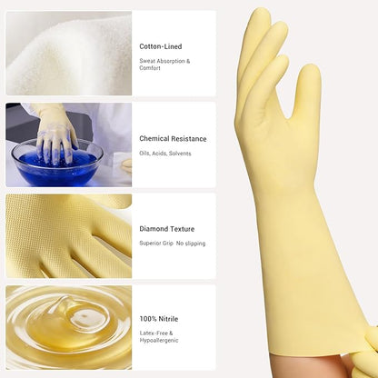 ThxToms 2 Pair Nitrile Dishwashing Cleaning Gloves,with Cotton Flocked Liner,Skin-Friendly & Anti-Slip Design,Y&P